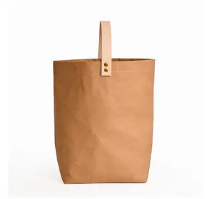 Korea style yiwu factory custom untearable foldable brown round bottom washable kraft paper bag with single handle