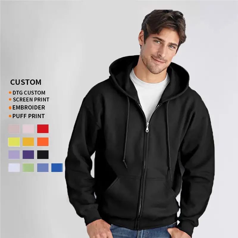 2023 Custom sublimation puff printing 250gsm Hoodie blank Zipper unisex french terry plain heavyweight black zip up men hoodie