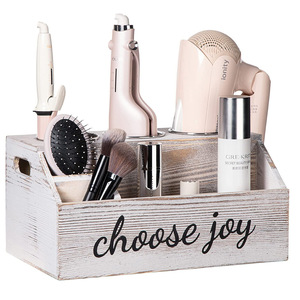 Caja de almacenamiento de madera para baño con compartimentos para secador de pelo y cosméticos, organizador de escritorio, rectangular, blanco - Product Image 4
