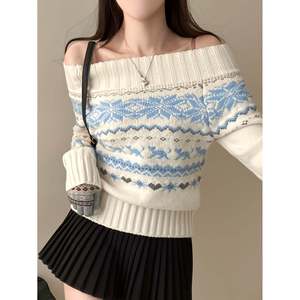 Suéter de Manga Larga con Hombros Descubiertos, Azul, Tejido Jacquard Asiático, Top de Invierno para Mujer - Product Image 2
