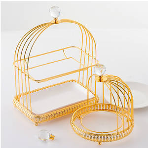 Plateau de nourriture en cristal de luxe salon plateau de fruits à Dessert en fer en forme de cage à oiseaux créative avec plats en céramique blanche - Product Image 1