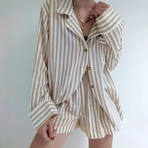 Винтажные шорты цвета хаки в полоску с длинным рукавом Хлопковая пижама из двух частей, женская одежда для отдыха, комплект из тканого 100% и хлопка с цифровой печатью