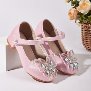 Sepatu Baru Musim Semi untuk Anak Perempuan dengan Gaya Putri, Kristal Berlian, Pita Kupu-kupu, Hak Tinggi, Sepatu PU - Product Image 1