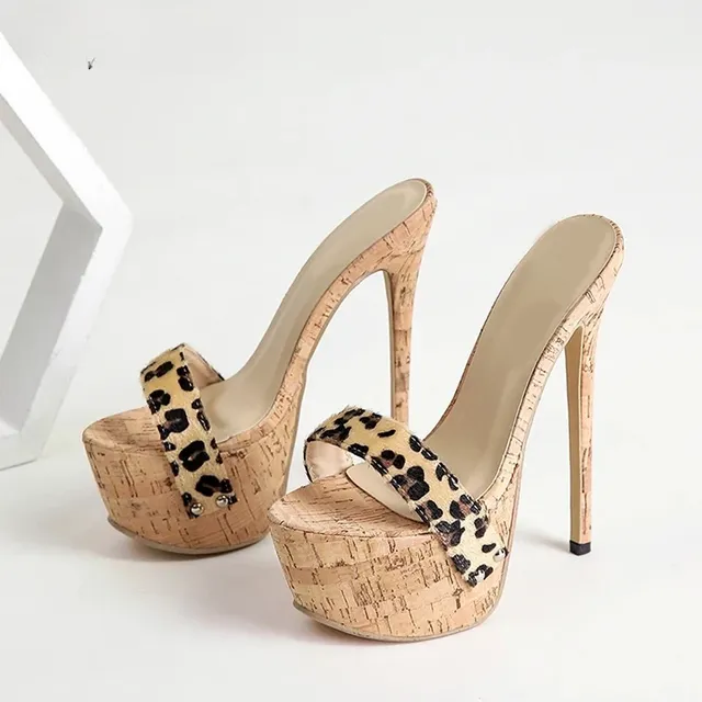 2026 New Summer Leopard PU Upper Ladies Fashion Peep Toe Slip Platform Sandals Mules Super High Thin Heels Size 35-42