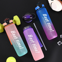 Bouteilles d'eau de sport en plastique de grande capacité 1000 ml, couleur dégradée, avec paille graduée, gobelet d'eau de sport d'extérieur