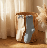 Chaussettes décontractées pour femmes, en coton doux et respirant, blanches et bleues, à volants et nœud, chaussettes unies pour dames