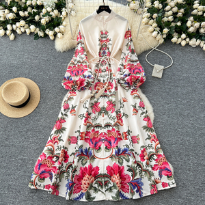 LW0473 abito con stampa Vintage da donna con pizzo in vita temperata <span class=keywords><strong>grande</strong></span> Swing monopetto gonna lunga abito floreale - Product Image 1