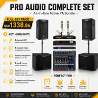Système de sonorisation PA : 2 enceintes actives 15 pouces 1400W + 2 caissons de basses 18 pouces 1000W, micro sans fil UHF, table de mixage 8 canaux, DSP et séquenceur de puissance