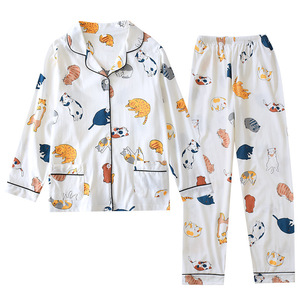 SUHE PJ-047 Kitten <b>Crocheted</b> Knit Set Women's Pajamas Spring Autumn Thin Long Sleeve 100% Cotton Front Loungewear <b>Cardigan</b> - Product Image 2