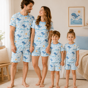 Summer Bamboo Spandex Family Matching Pajamas Cute Shark Submarine Printed Sleepwear Short Pajamas Set For Kids