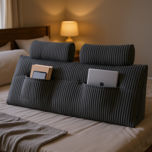 Almohada de cama tamaño Queen de franela gris con 2 bolsillos laterales y 2 reposacabezas, lavable, para leer, jugar, descansar y trabajar - Product Image 2