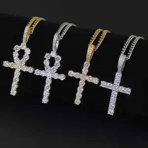 Collar cruzado de circonia con incrustaciones chapadas en oro y cobre para mujer, joyería de eslabones cubanos de acero inoxidable, tendencia de Hip Hop