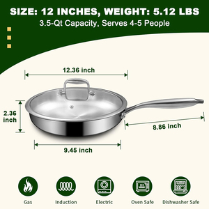 Sartén de Acero Inoxidable Triple de Alta Calidad Sin Recubrimiento, Sartén para Saltear con Asas de Acero Inoxidable, Capacidad de 4-5L, Apta para Gas e Inducción - Product Image 3