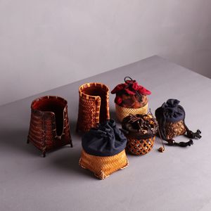 Bamboo Woven Teacup <b>Baskets</b> Round <b>Storage</b> Containers For Kitchen Use Cotton Lined Handicrafts - Product Image 1
