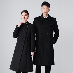 Unisex Woolen Coat Solid Color Double Breasted Long Overcoat For Hotel Office Work Uniform Autumn Winter Wear - Product Image 1