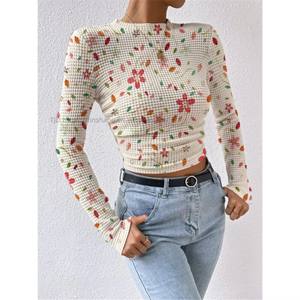 Solid Color Slim Long Sleeve Plaid Round Neck Women's T-Shirt Drawstring <b>Tops</b> Fashion - Product Image 4