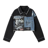 Veste en jean zippée épaisse, délavée vintage, effet vieilli, style streetwear, patchwork, délavée soleil, avec strass