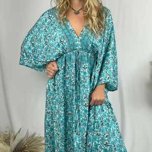 Vestido Kaftan Maxi Sexy con el Mejor Diseño para Mujer, Cuello en V, Largo, para Playa, Verano, Floral, Ecológico, Cintura Natural - Product Image 1