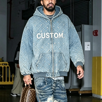 Sweat à capuche zippé streetwear personnalisé orné de perles, en molleton épais, délavé à l'acide, style vintage oversize unisexe Y2K