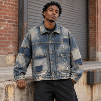 Veste en jean oversize pour homme, bleu délavé, patchwork, éclaboussures de peinture, streetwear, personnalisable, B2B, OEM, ODM, vente en gros, marque privée