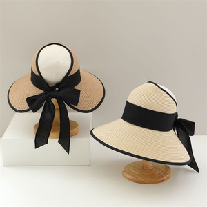 Sombrero de paja de ala ancha para mujer, sombrilla de verano con lazo, visera plegable, sombrero de playa - Product Image 1