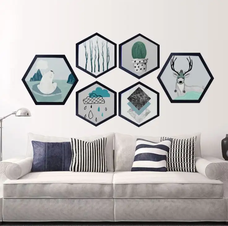 2024 Custom logo wall hanging hexagonal wooden picture photo frame wood painting frame home decor