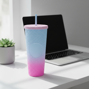 Copo Plástico Reutilizável de 24oz com Cores em Gradiente, Dupla Parede, Acabamento Fosco, DIY, com Tampa e Canudo para Café Gelado e Smoothie - Product Image 3