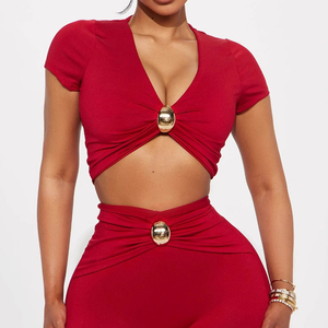 เสื้อยืดแขนสั้นคอวีเซ็กซี่สีทึบของผู้หญิงและชุดกางเกงทรงดินสอแฟชั่น - Product Image 1