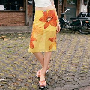 2026 Summer New Floral Print Contrast Color Mesh <b>Patchwork</b> Slim Fit Bodycon Breathable Soft Casual Knee-Length <b>Skirt</b> - Product Image 4