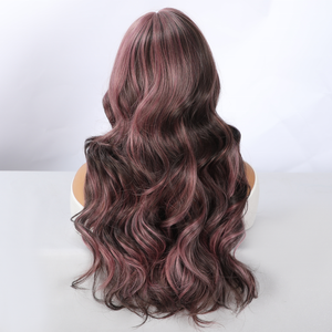 26-inch Brown-highlighted <strong>pink</strong> Wavy <strong>Wig</strong> for Women with Bangs - Heat-resistant Synthetic Hair, Long and Flowing Style Sm412-12 - Product Image 2