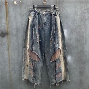 Custom High Quality Streetwear Jeans New Fashion Patchwork Color Block Embroidery Distressed Flare Baggy Denim Men's Jeans - Product Image 5