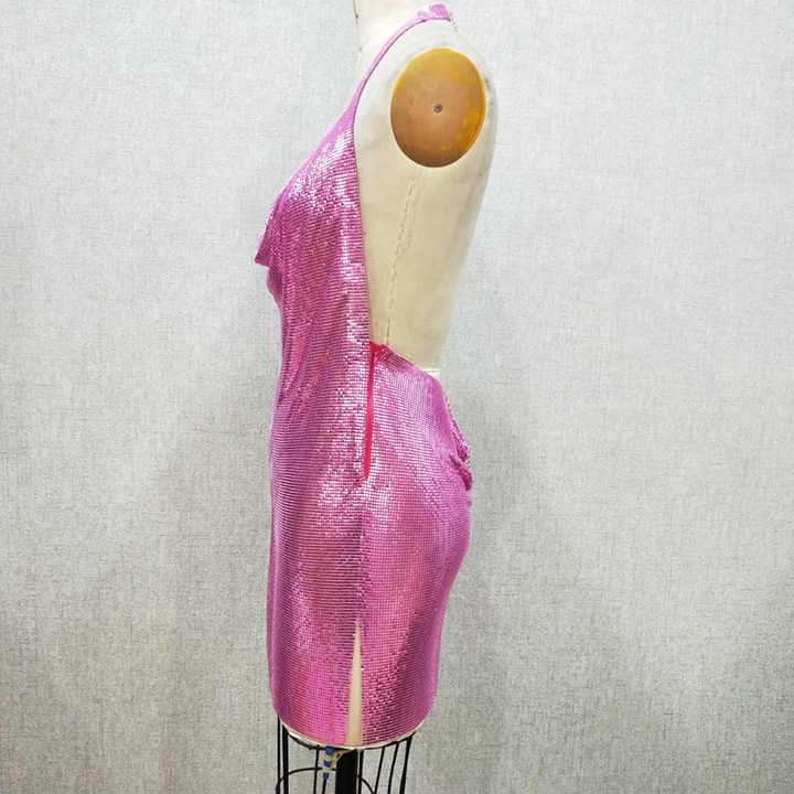 2023 Bright Hot Pink Sexy Backless Metallic Midi Dress Metal Mesh Clubbing Girls Chainmail Dress for Party