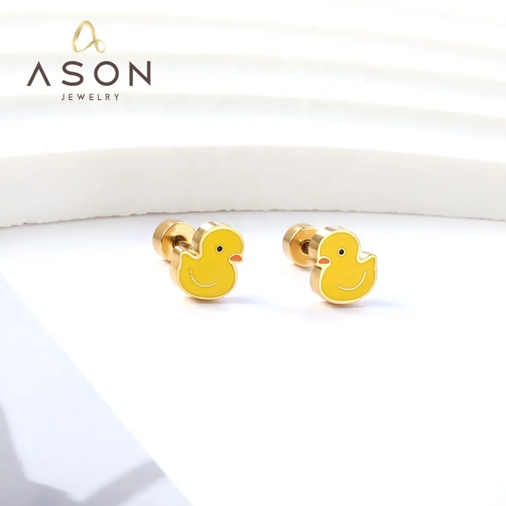 Ason Fashion Cute Animals Stainless Steel Stud Earrings Screw Plug Yellow Duck Stud Earrings For Kids
