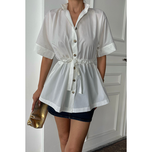 Chemise en popeline écru pour femme avec détail de plissé à la taille - Product Image 3