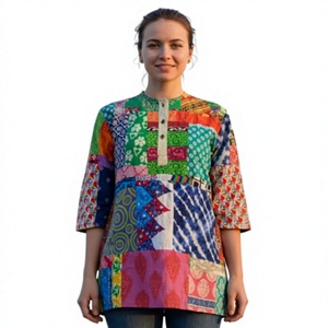 Fashionable Modern <b>Boho</b> Eco-Friendly 100% Cotton Patch Kurta <b>Dress</b> Women Sweet Style Knee-Length <b>Long</b> Sleeve Button Decoration - Product Image 1