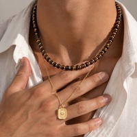 Ensemble de colliers superposables vintage à pendentif étoile carrée à deux couches pour hommes, style rétro, avec perles œil de tigre, accessoires de rue, cadeaux