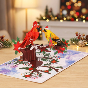 Tarjeta de felicitación navideña 3D hecha a mano de Viet-craft con pájaros, cardenales y poinsettias, tarjetas pop navideñas con colores y tamaños personalizados - Product Image 3