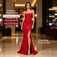 Robe de soirée sirène à sequins pour femme, style européen et américain, avec bretelles spaghetti, dos croisé et fente haute