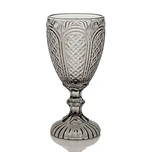 Vintage Wine Goblet Glass Embossed Design Glassware Pressed Machine Pressed Glass Color Wine Glasses Carved Water Goblet