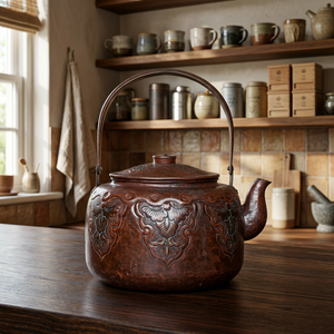 Théière traditionnelle chinoise en métal avec couvercle et poignée en métal, motif floral gaufré rouge brun - Product Image 6