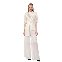 Ensemble de pantalon large et robe de travail pour femme, personnalisé, en satin ivoire, col mandarin, broderie perlée, usine OEM ODM