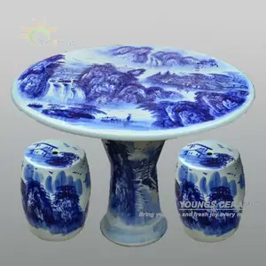 Chinese Antique Ceramic Blue and White Porcelain Garden Table and Stool with Hand Painted Landscape Design