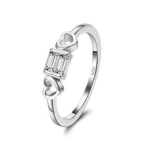 APR04 RINNTIN Size 6-9 Rhodium Plated 925 Sterling Silver Double Heart Bezel Setting Emerald Cut Cubic Zirconia Band Ring