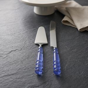 Juego de espátula y cuchillo para servir pasteles de acero inoxidable con mangos de plástico azul y acabado cepillado. Elegante juego de cuchillo y espátula para servir pasteles. - Product Image 3