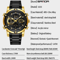 SANDA 6333 Jam Tangan Pria Bisnis Fashion Tahan Air Bahan Stainless Steel Montres Hommes Multi Fungsi Layar Ganda Relogio Homens