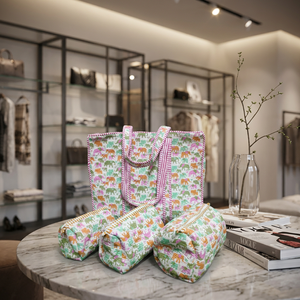 Sac fourre-tout en coton imprimé, ensemble de 3 trousses de maquillage à fermeture éclair assorties, sac de courses réutilisable écologique pour la plage, les voyages, les cosmétiques et le quotidien - Product Image 4