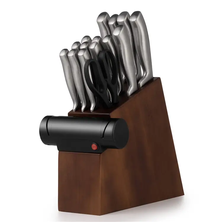 Coltello in acciaio inossidabile durevole di alta qualità da 16 pezzi per manico in ABS da cucina set di coltelli professionali con blocco di legno con affilato elettrico