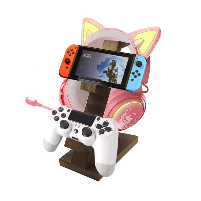 Solid Wood Controller & Headphone Stand - 2-in-1 Gaming Organizer for Dual Gamepads & Headsets, Fits All Major Consoles