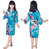 Bata de Satén para Niñas, Kimono de Satén con Diseño de Pavo Real y Flores, Bata para Spa, Bodas y Cumpleaños