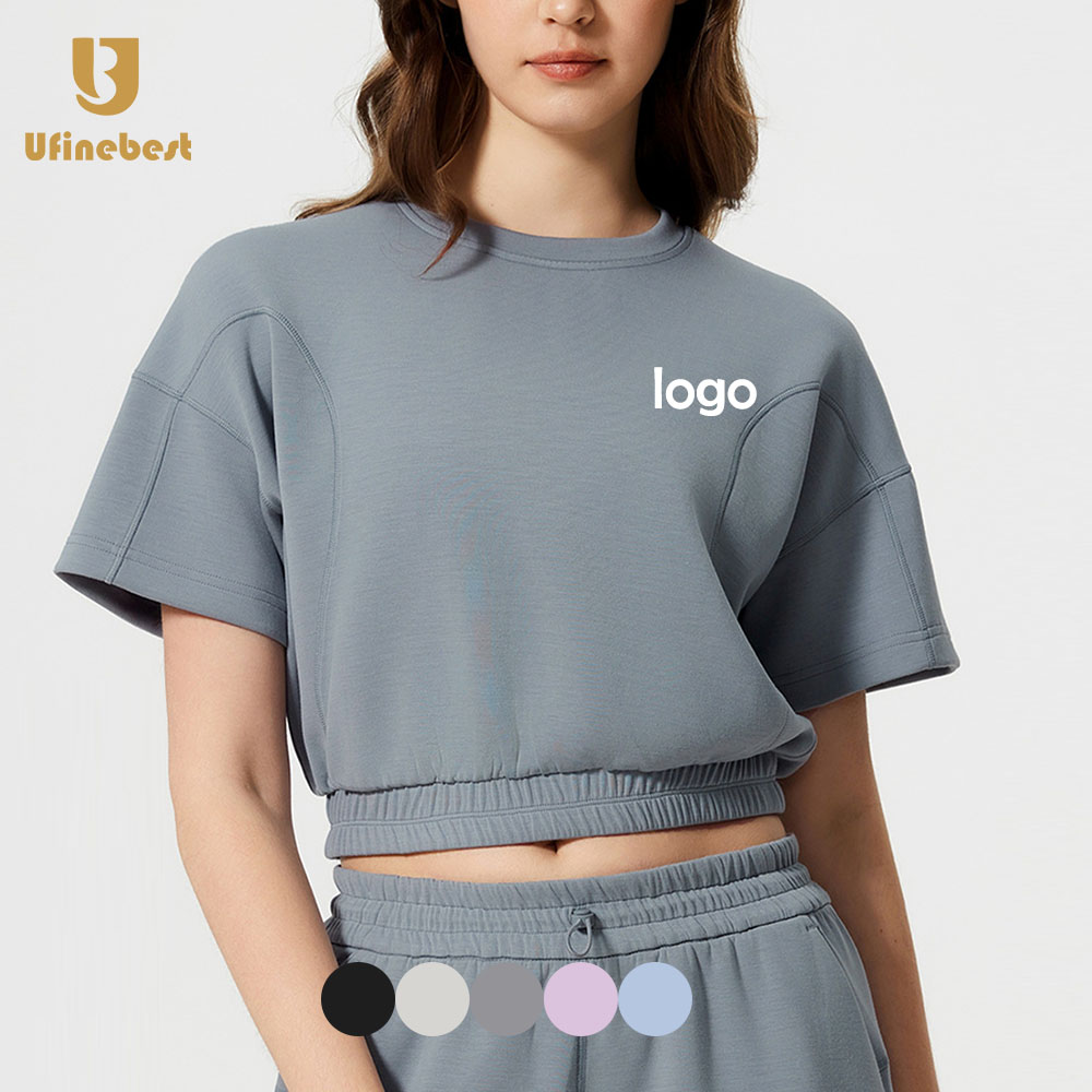 Casual Loose Women's Sportswear Sports Gym Crop Top Crew Neck Drop Shoulder Elastic Hem Yoga Top Short Sleeve